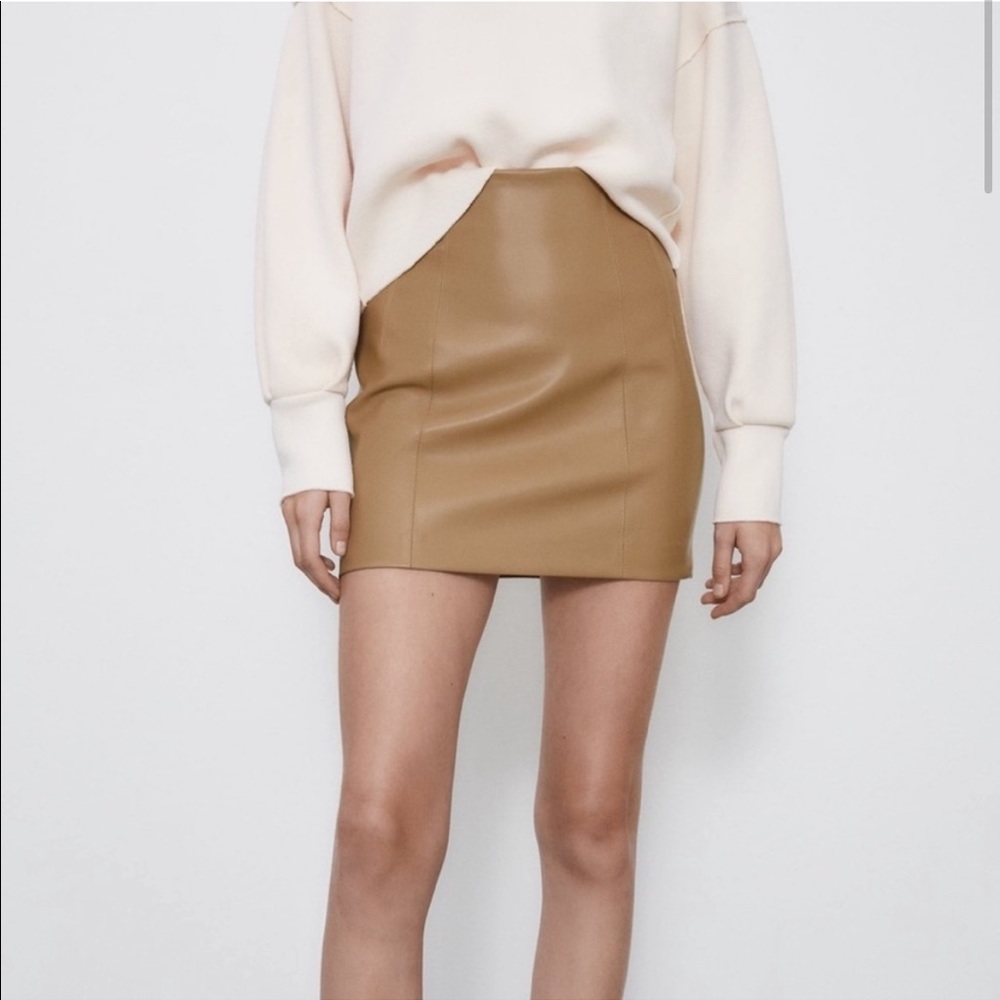 Zara Tan High Waisted Leather Skirt